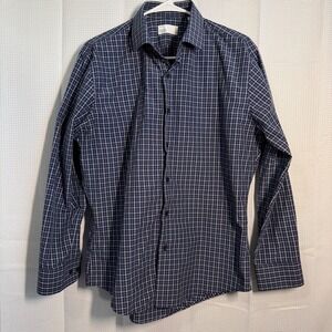 Nordstrom Rack Mens Trim Fit Plaid Shirt Blue White Long Sleeve Size L 16 32/33